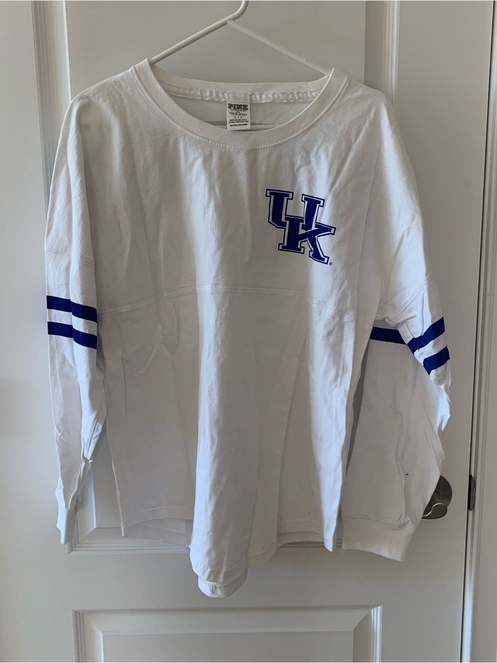 PINK Victoria's Secret White Long-Sleeve Tee with Blue UK Logo
